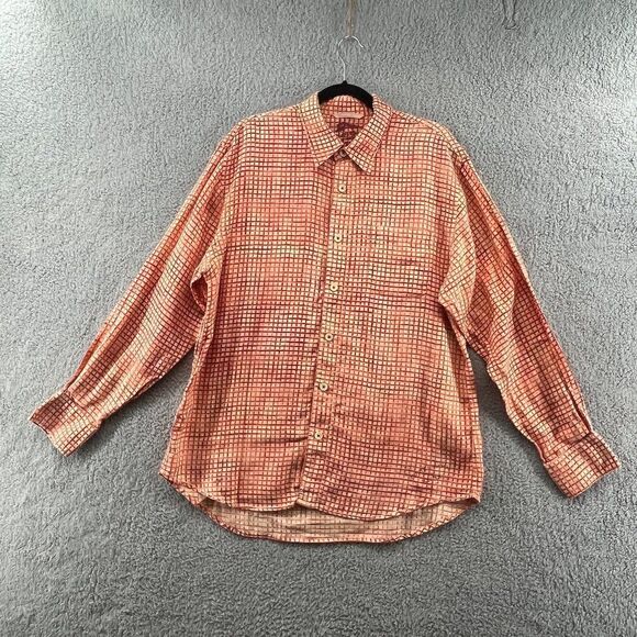 Tommy Bahama 100% Linen MensLarge Orange/White Gingham Plaid Shirt - Picture 2 of 16